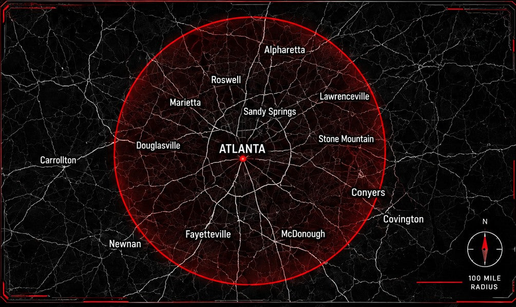 Illustrative dark Atlanta road map with surrounding cities and a red circle representing approximate 100-mile service coverage